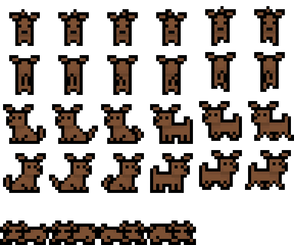 A spritesheet of sprites for a character from Basementscape, one of my past projects.