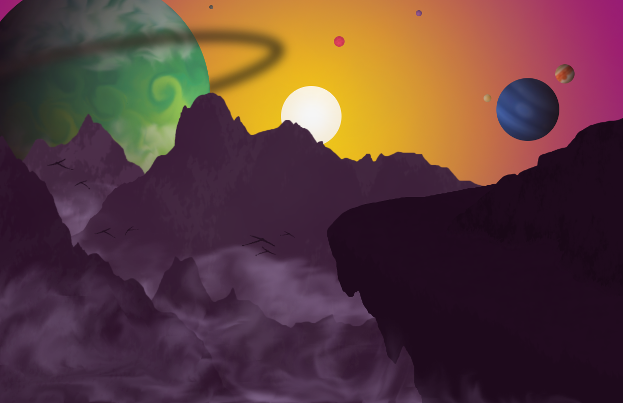 A large landscape piece I did featuring a purple mountainscape accompanied by fog laid over a sky full of planets.