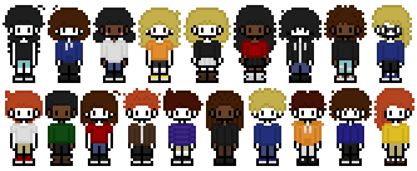 A spritesheet of character concepts I made as warm-ups.
