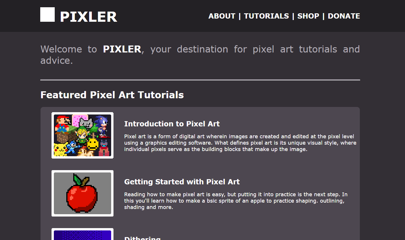 Image of Pixler, a conceptual website I made for my web design course.